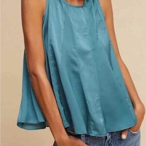 Eri + Ali Green Teal Satin Pleated Swing Blouse